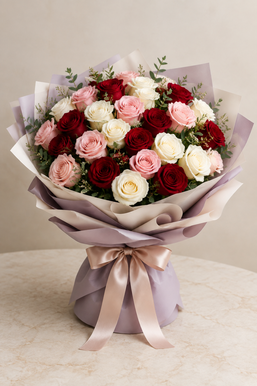 30 Rose Hand-Tied Bouquet in Dusty Lavender and Ivory Wrap