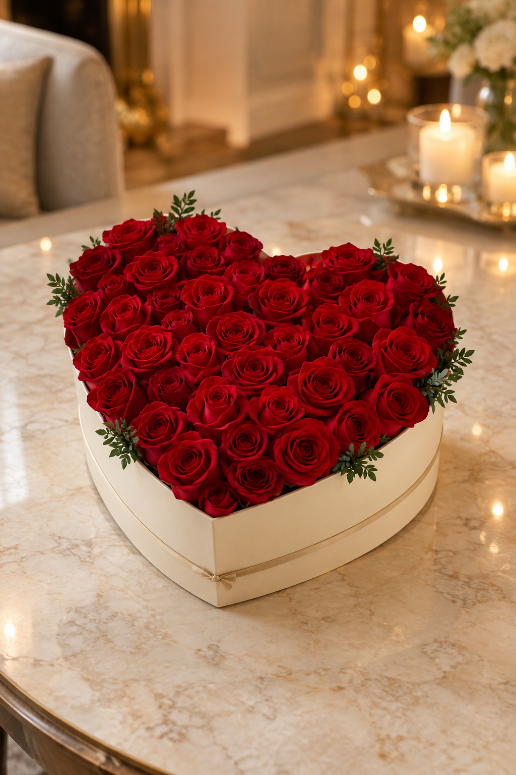 36 crimson roses in a matte ivory heart shaped box