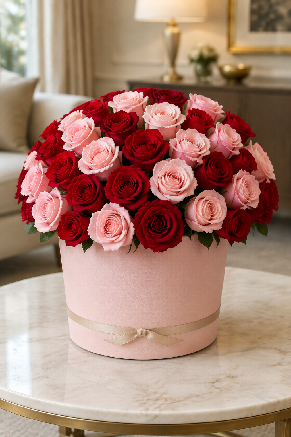 36 Red and Blush Pink Roses in Round Matte Blush Gift Box