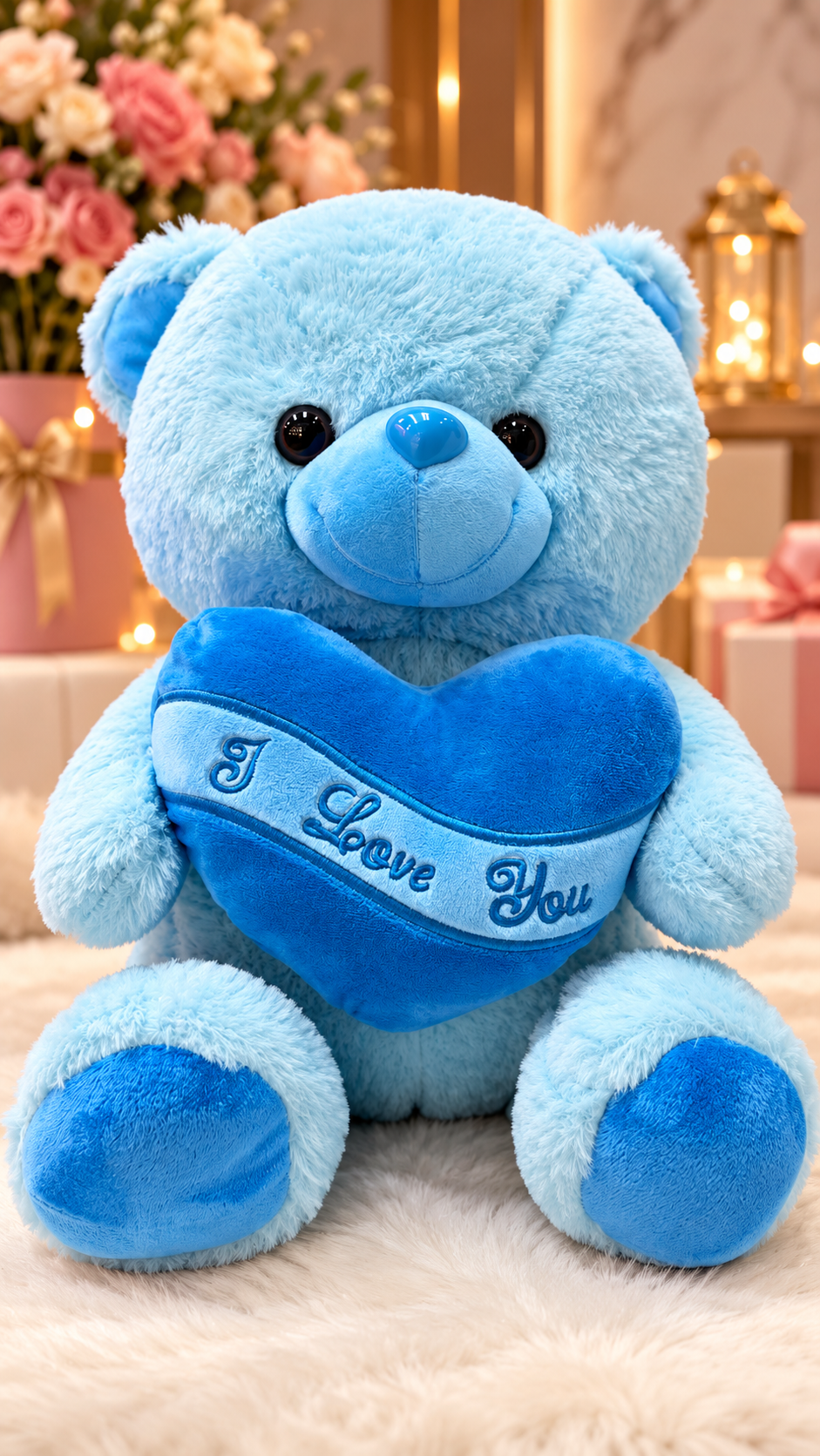 Blue Plush Teddy Bear Holding a Heart