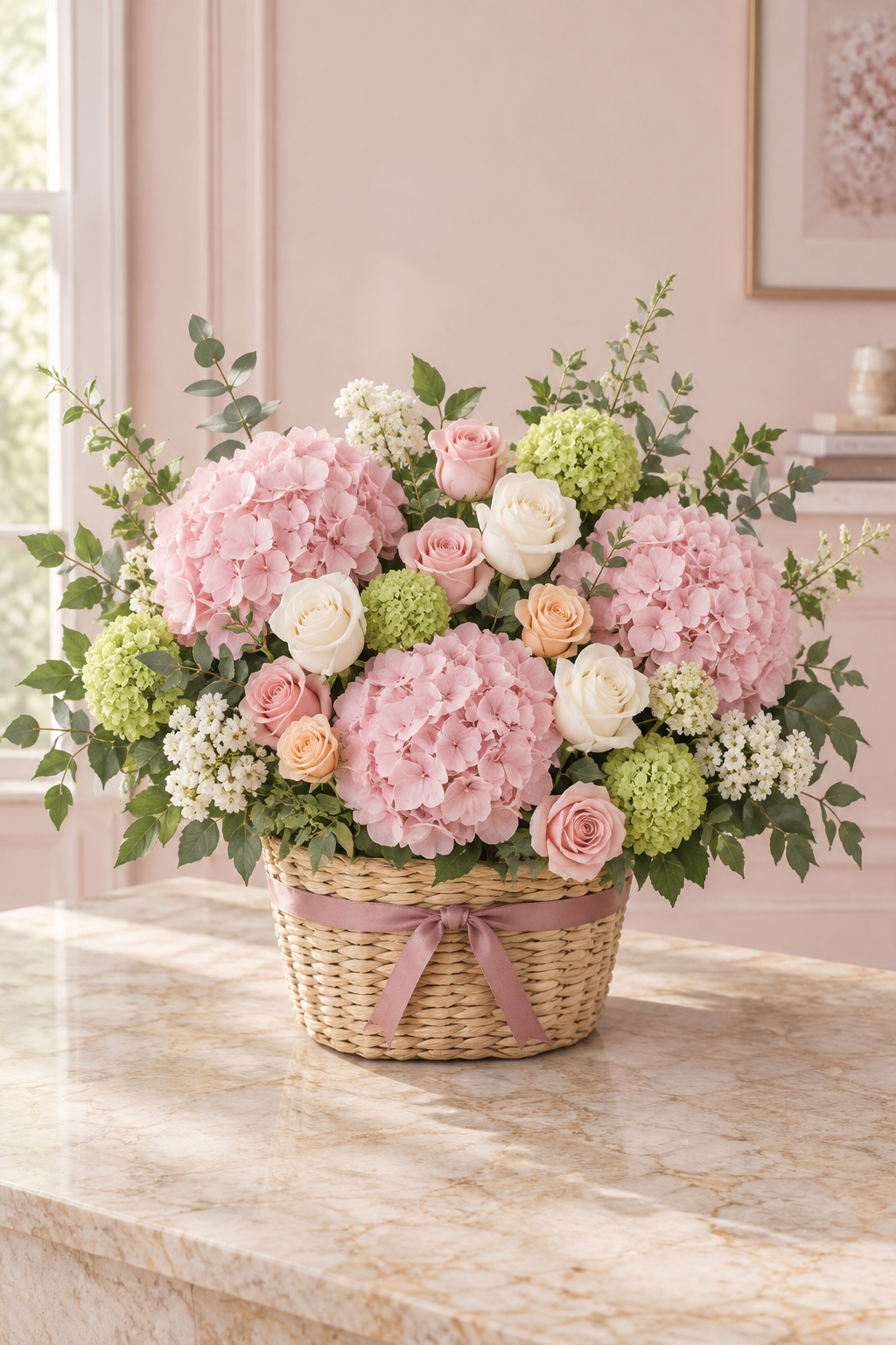 Blush hydrangea and rose congratulations basket