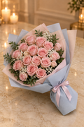 Blush pink rose bouquet in powder blue and blush paper