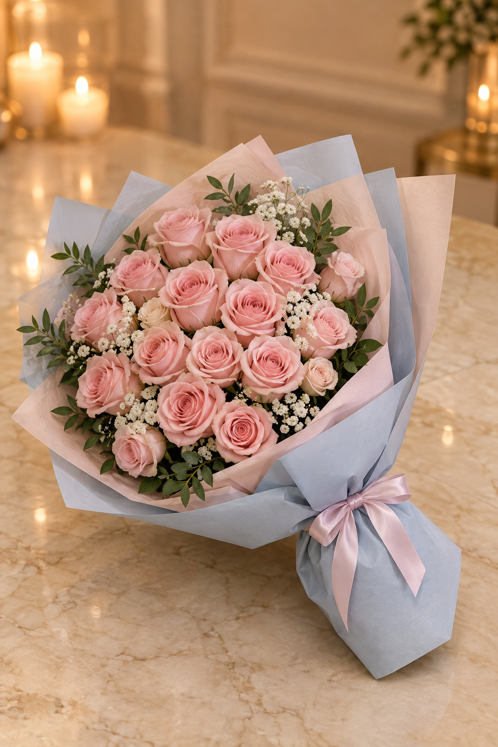 Blush pink rose bouquet in powder blue and blush paper