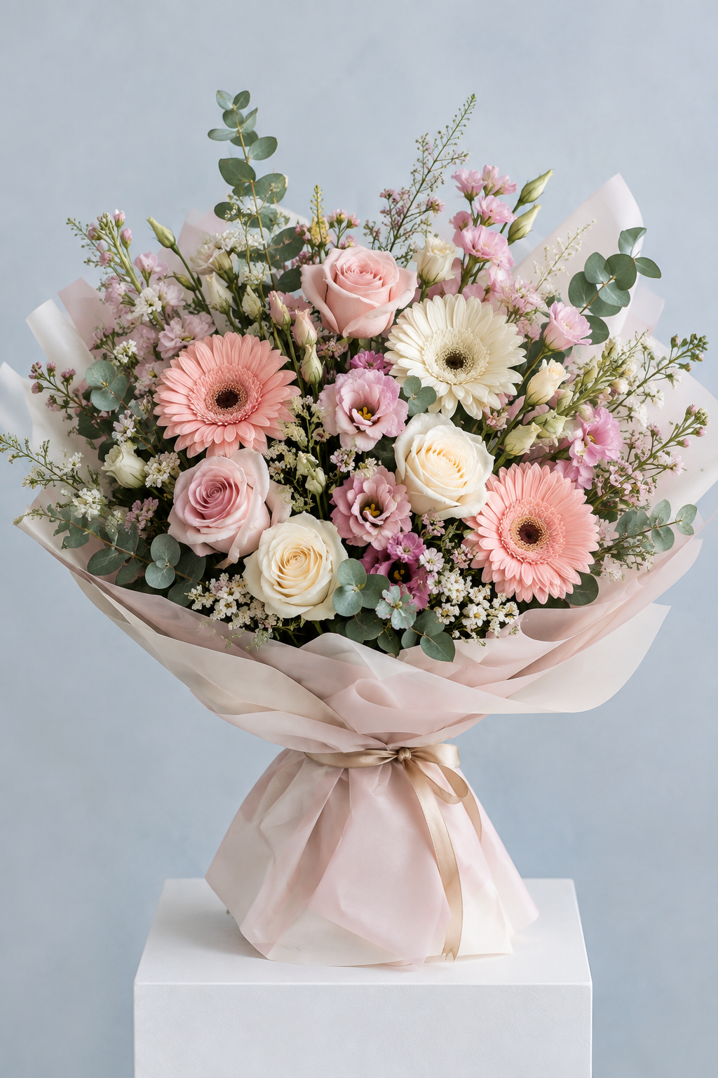 Blush Rose Gerbera Garden Bouquet in Pink Cream Wrap