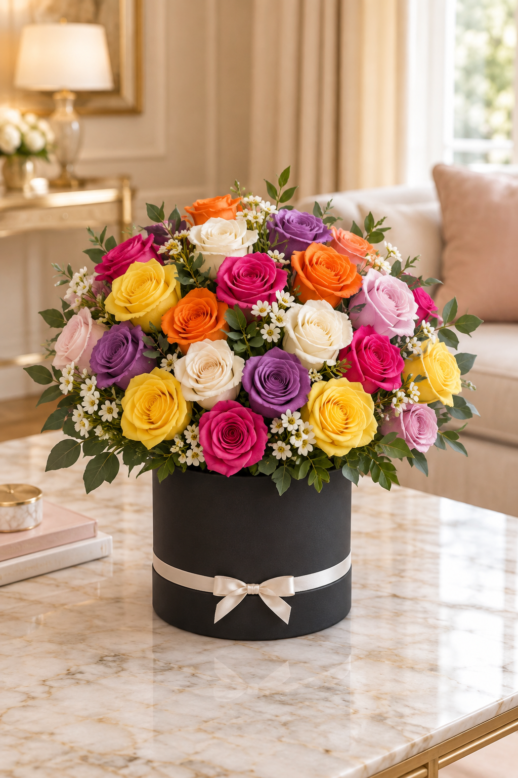 Colorful congratulations roses in a charcoal black hatbox