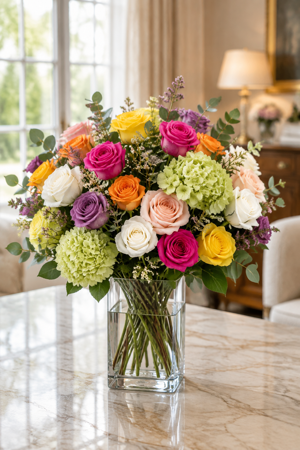 Colorful mixed roses and hydrangea in a clear rectangular glass vase