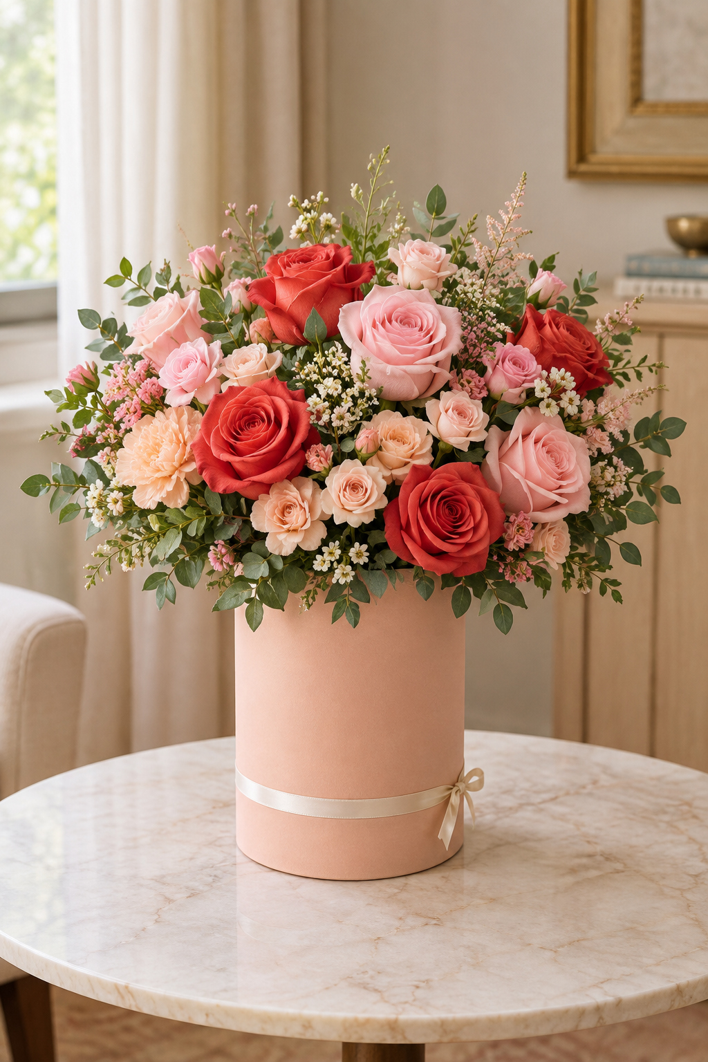 Coral & Pink Rose Luxury Blush-Peach Cylinder Box Arrangement
