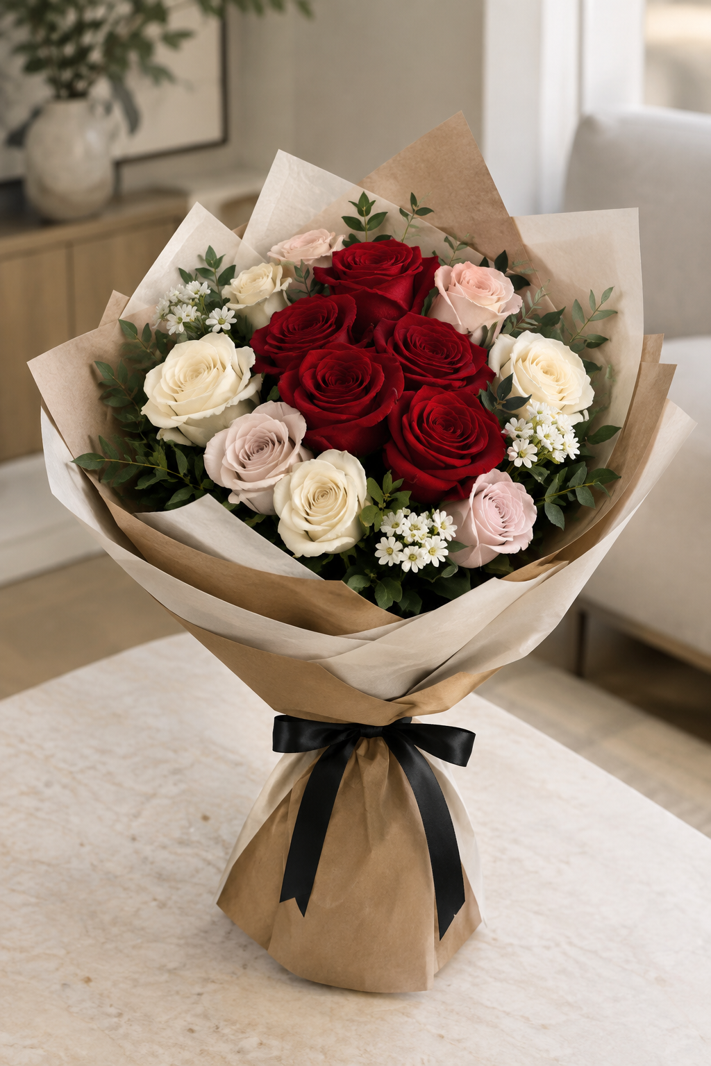 Crimson and ivory rose bouquet in camel and cream paper with black bow
