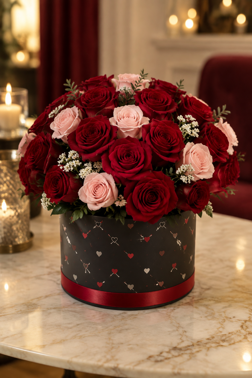 Crimson and blush roses in a charcoal black heart pattern hatbox
