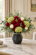Crimson roses and green hydrangea arrangement for him