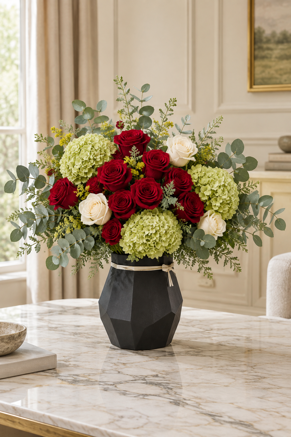 Crimson roses and green hydrangea arrangement for him