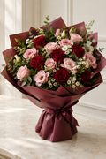 Deep Red and Pink Rose Hand-Tied Bouquet in Burgundy Wrap