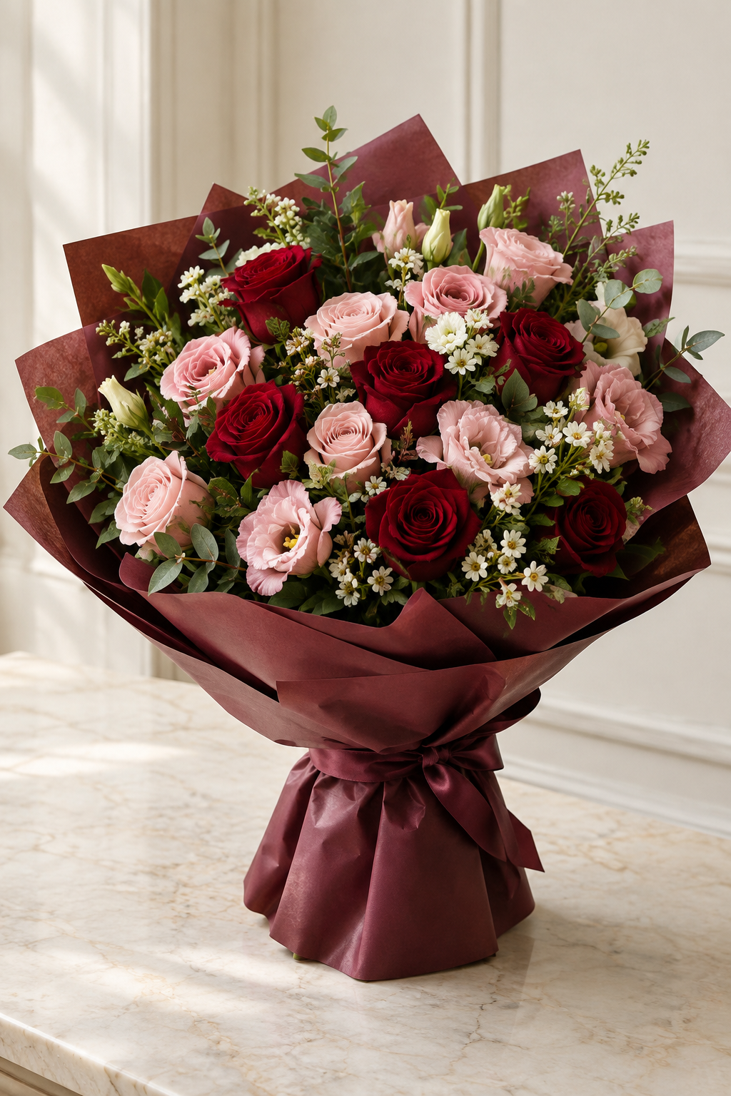 Deep Red and Pink Rose Hand-Tied Bouquet in Burgundy Wrap