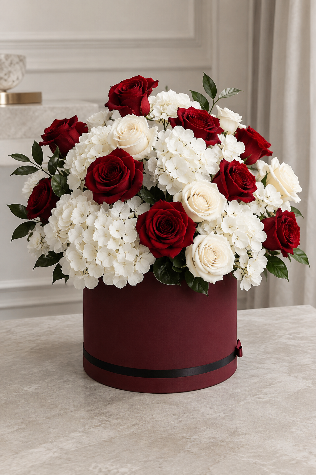 Deep Red & Cream Rose Arrangement in Matte Burgundy Hatbox
