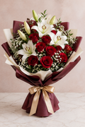Deep Red Rose & White Lily Luxury Hand-Tied Bouquet
