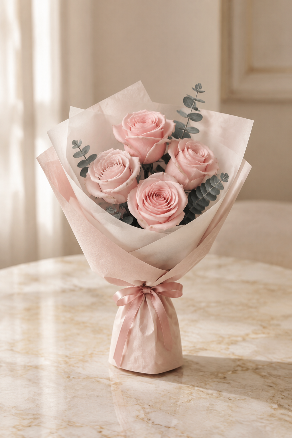Minimalist five blush rose hand tied bouquet
