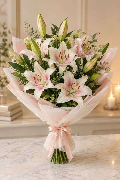 Pink and white lily apology bouquet