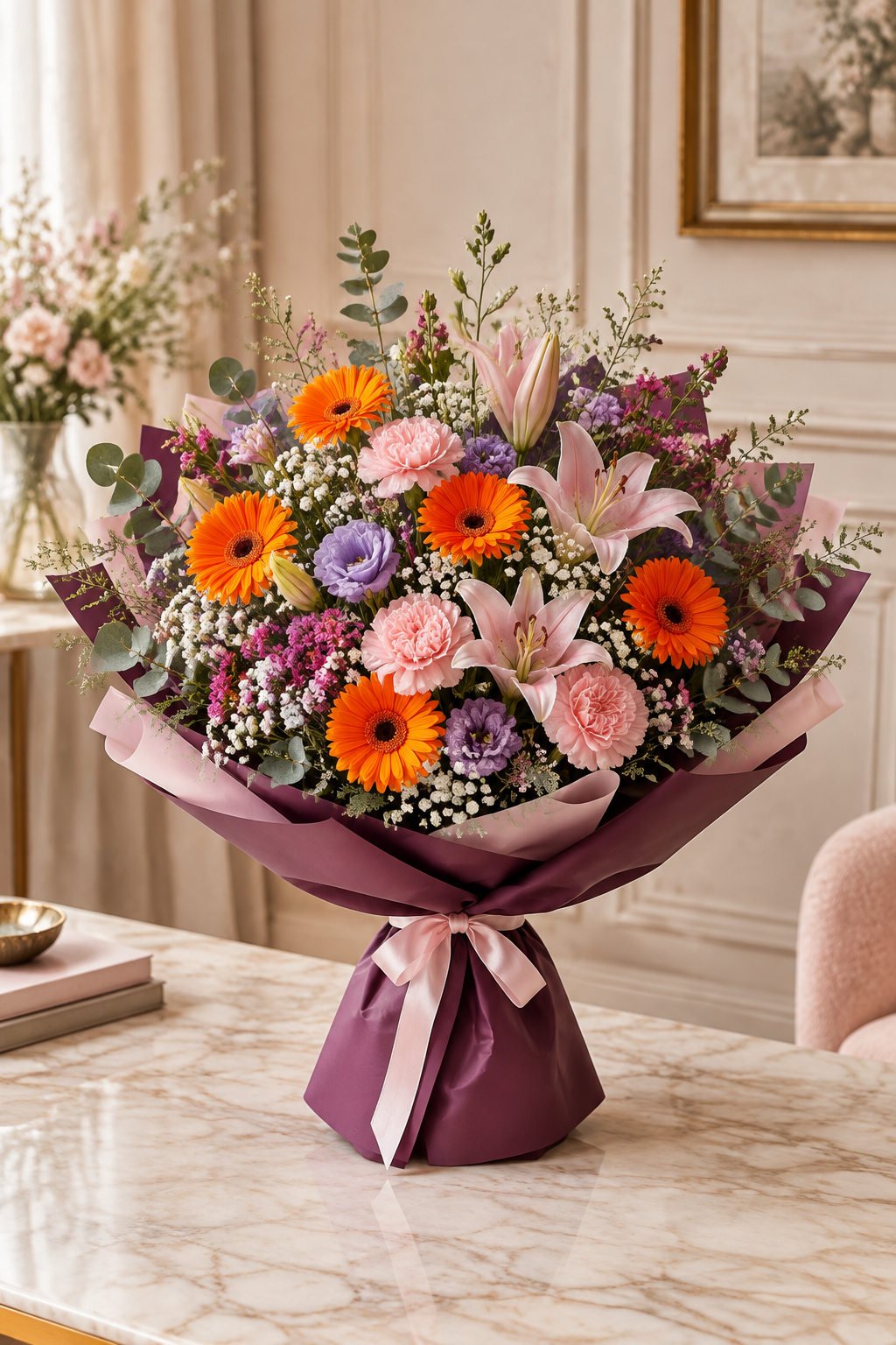 Full hand tied bouquet in a warm luxury interior