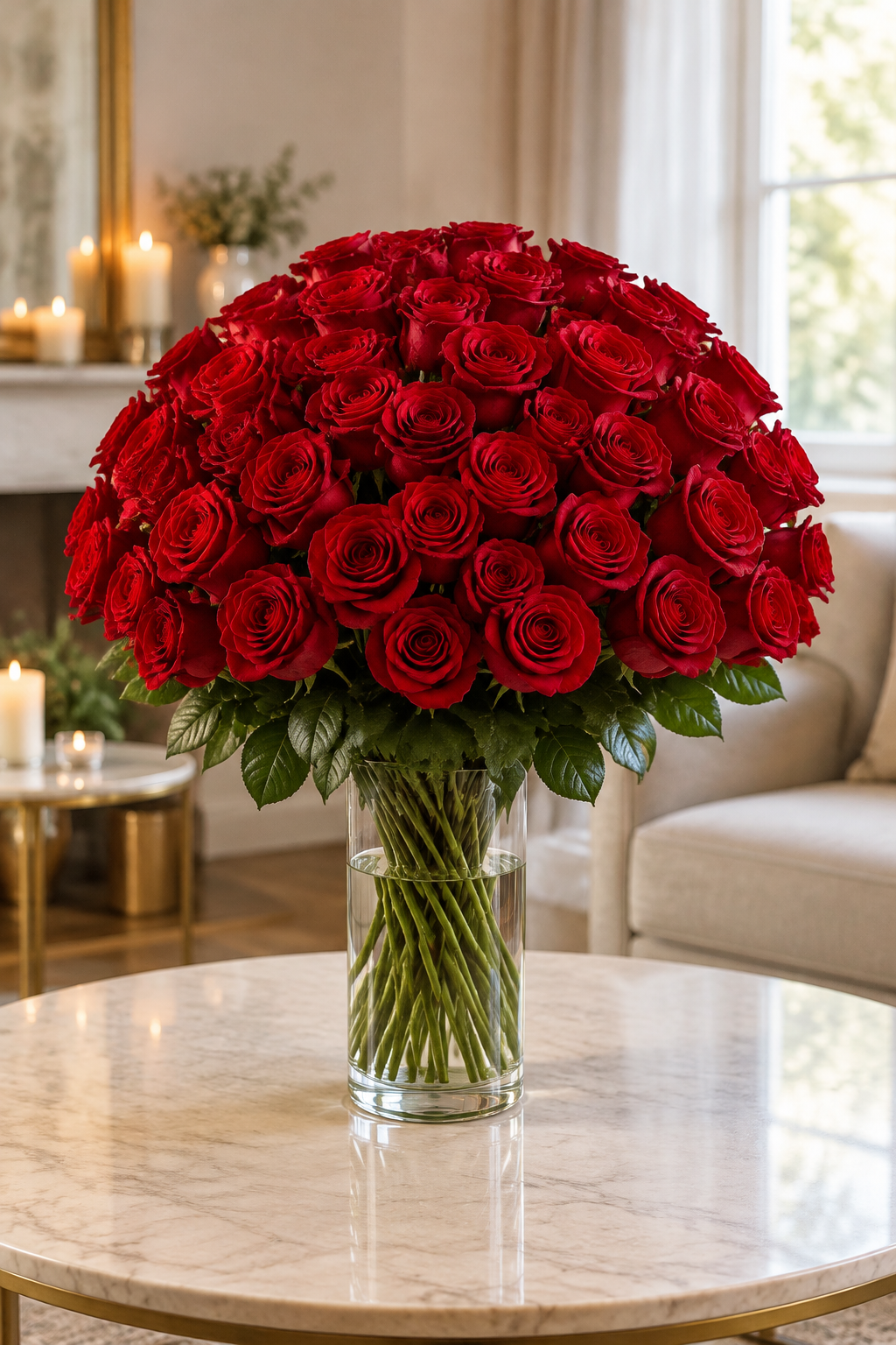 Grand Deep Red Rose Dome in Glass Vase