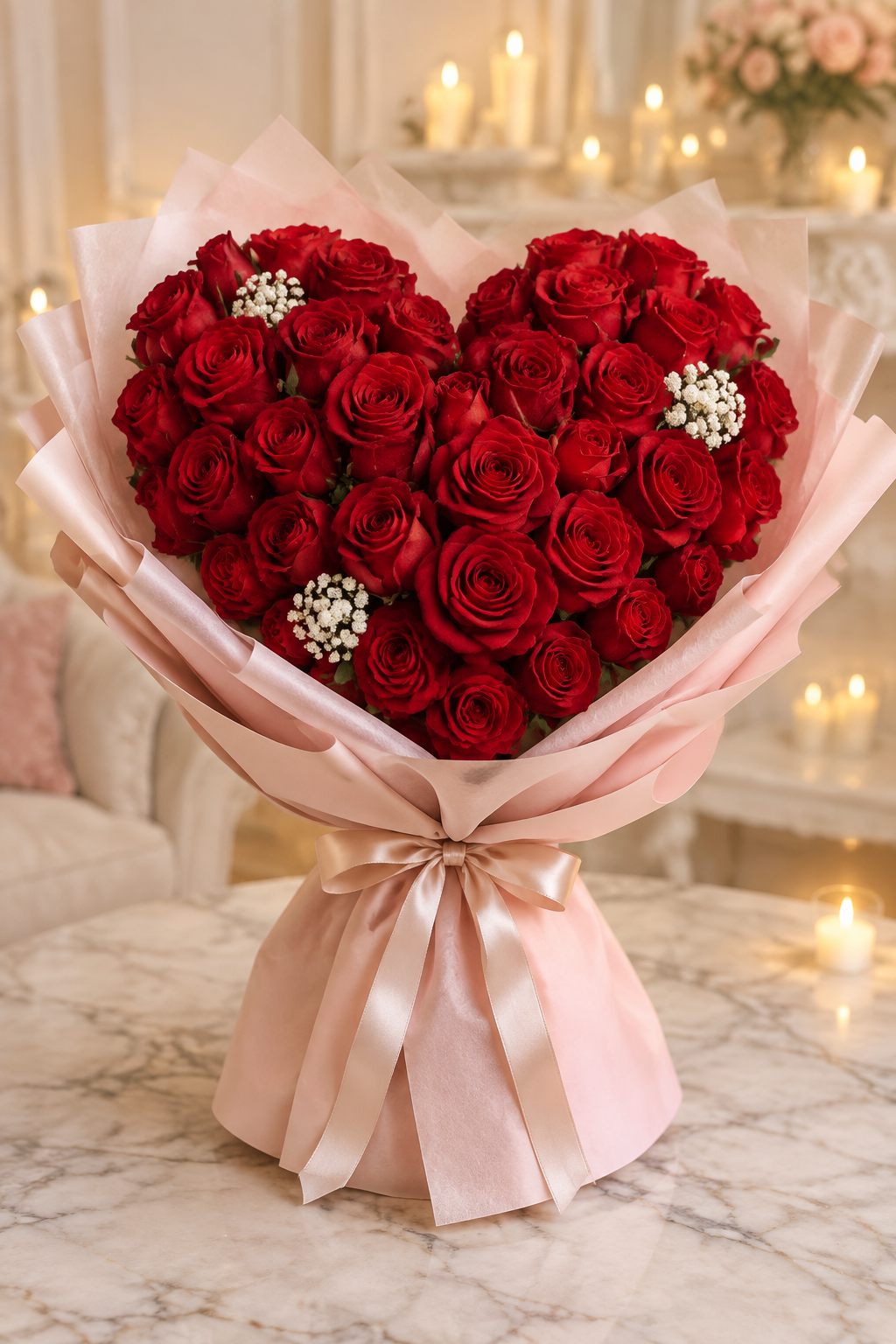 Heart-shaped crimson rose celebration bouquet