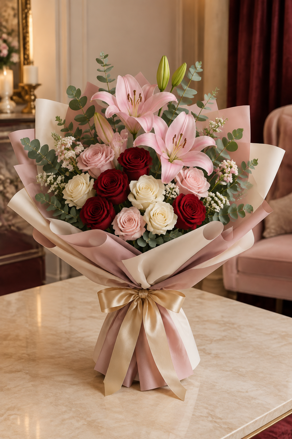 Luxury anniversary rose and lily hand tied bouquet