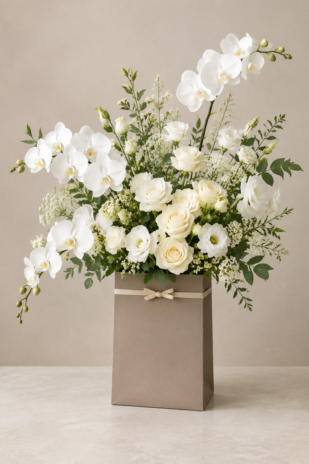 Luxury Ivory White Floral Arrangement in Taupe Gift Bag