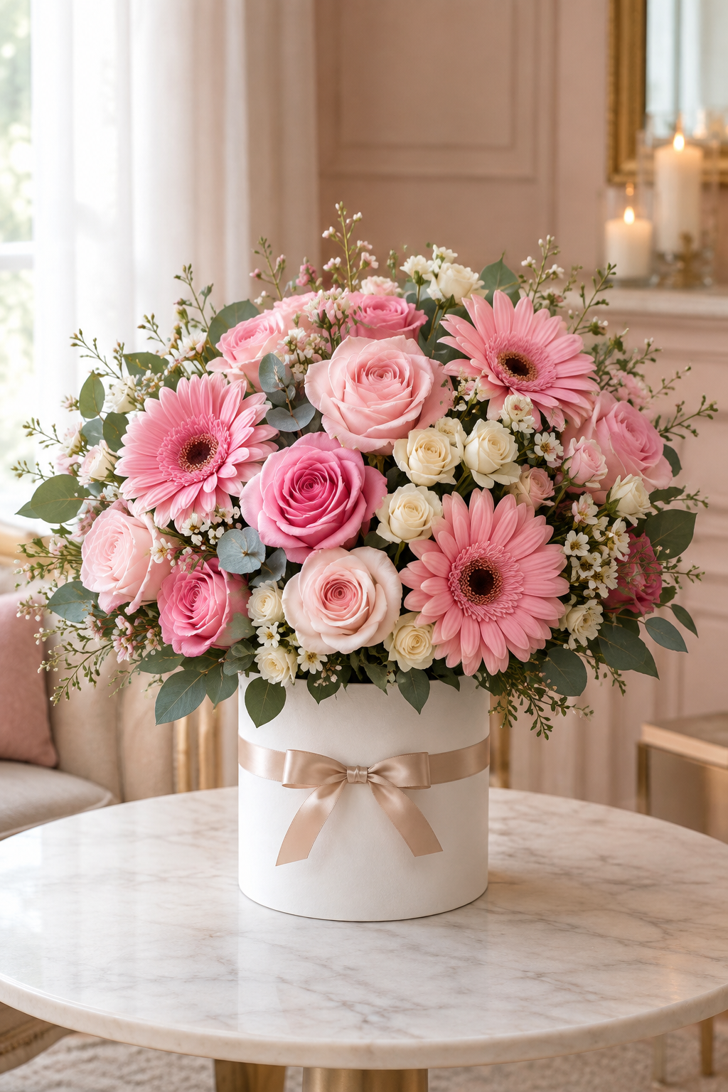 Luxury Mixed Pink Bouquet in White Cylinder Box