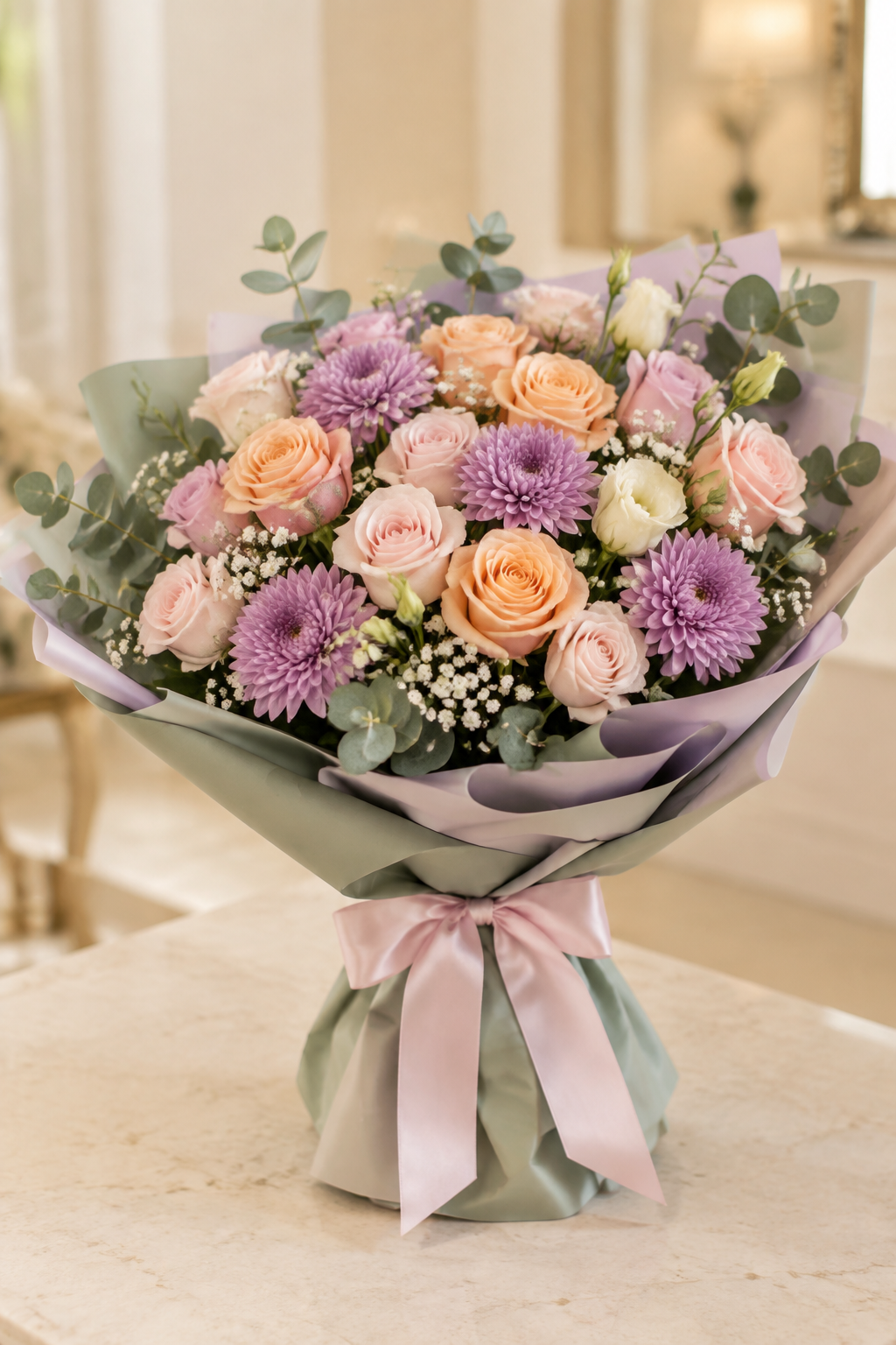 Luxury Peach Rose and Lavender Chrysanthemum Mother's Day Bouquet