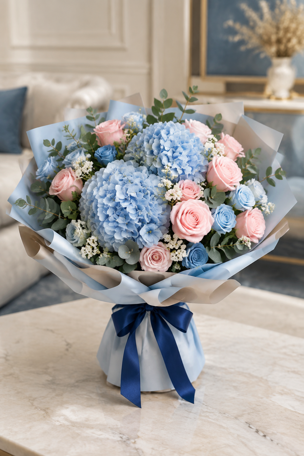 Pink Roses and Powder Blue Hydrangeas Father's Day Bouquet