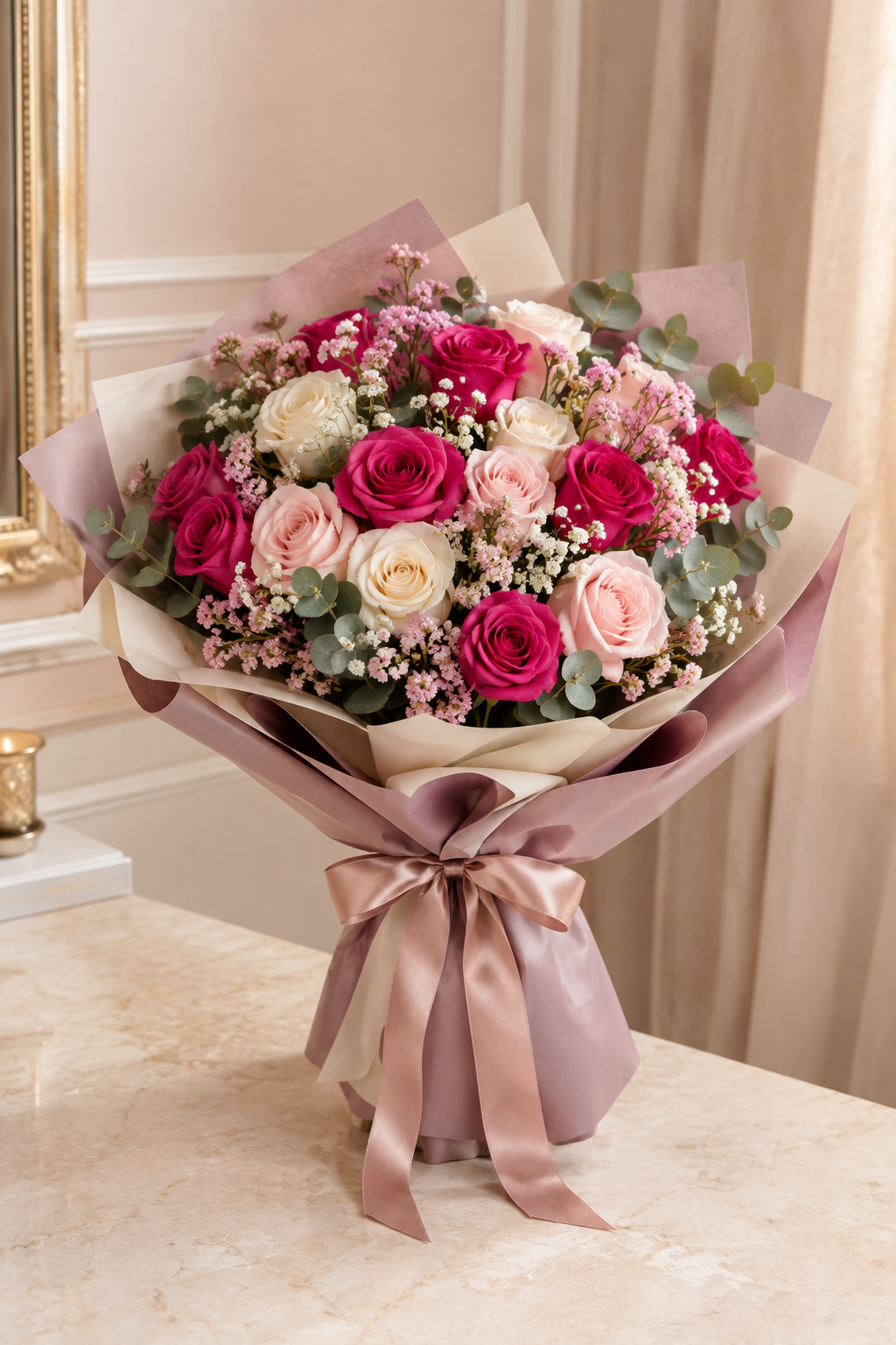 Luxury raspberry pink and cream Mother's Day bouquet
