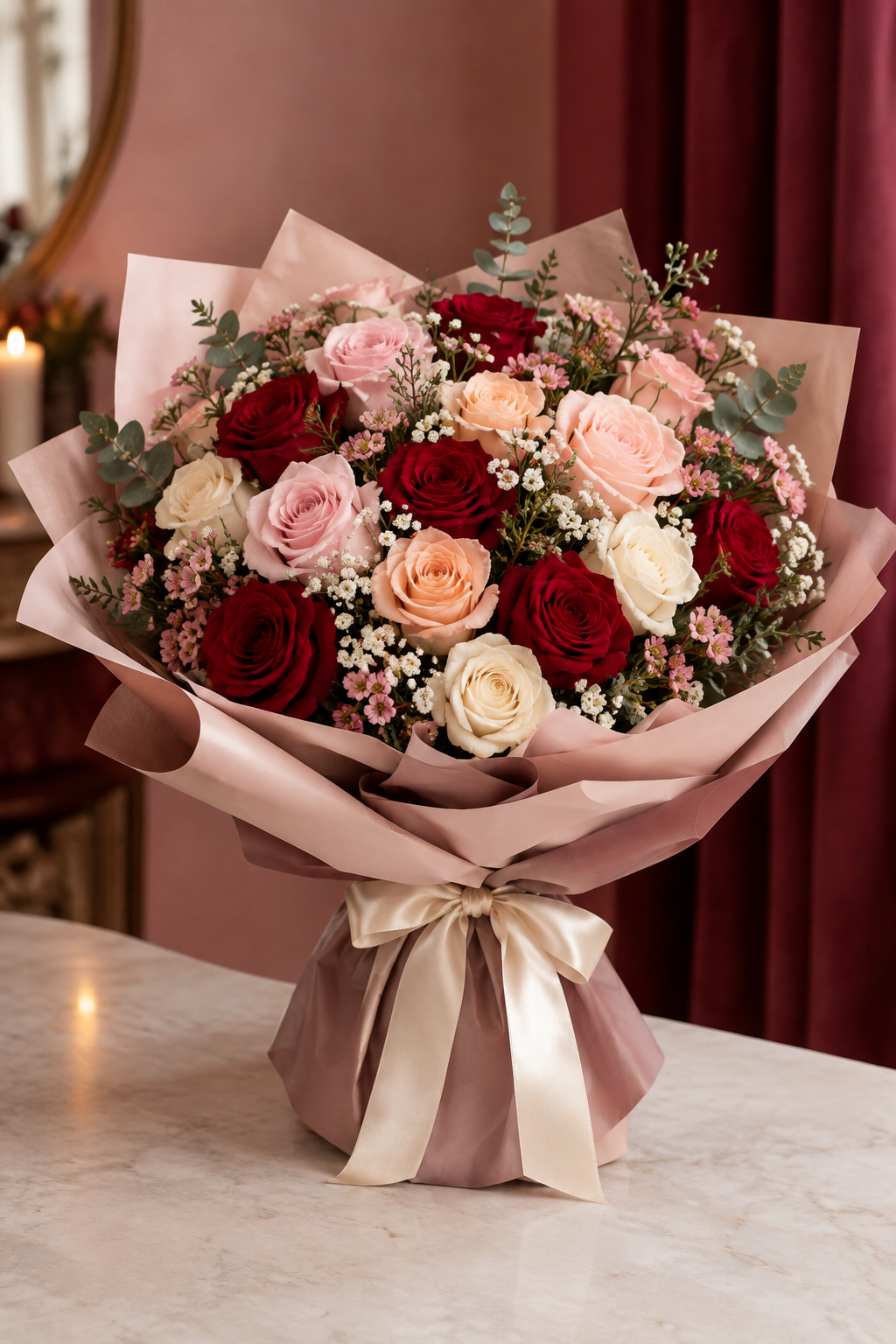 Luxury Red Blush Peach and Ivory Valentine's Bouquet