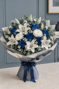 Royal blue roses and white lilies bouquet for him