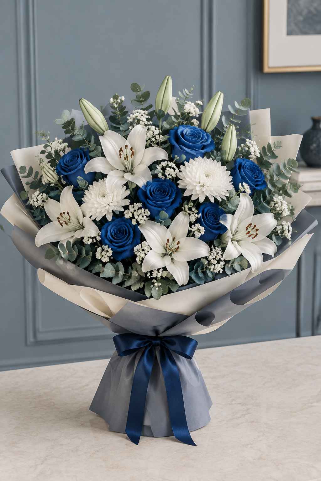 Royal blue roses and white lilies bouquet for him