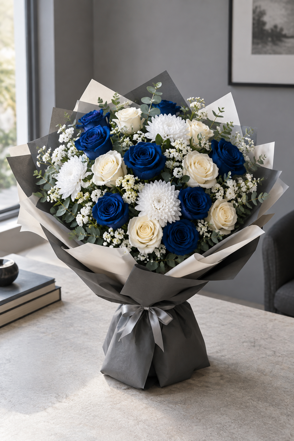 Sapphire blue and ivory bouquet for him