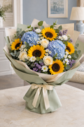 Sunflower and blue hydrangea bouquet for him