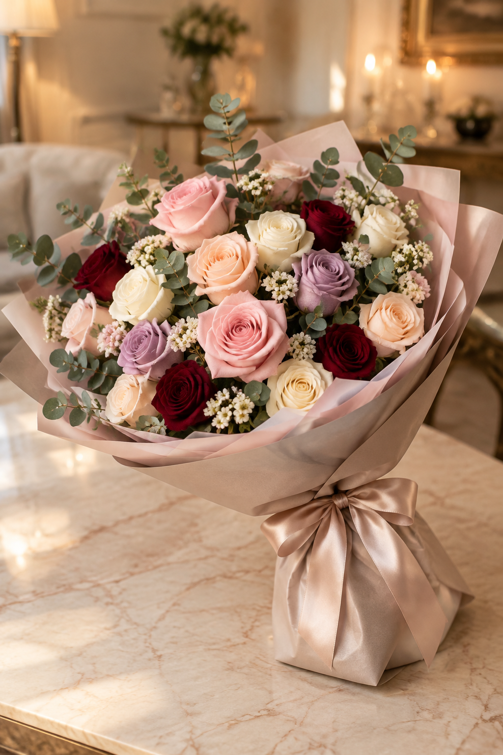 Mixed blush ivory peach burgundy and lavender rose bouquet