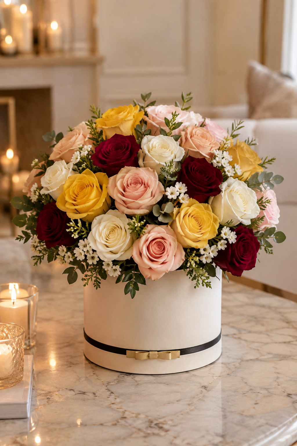 Mixed golden blush burgundy cream and peach roses in a matte cream round box