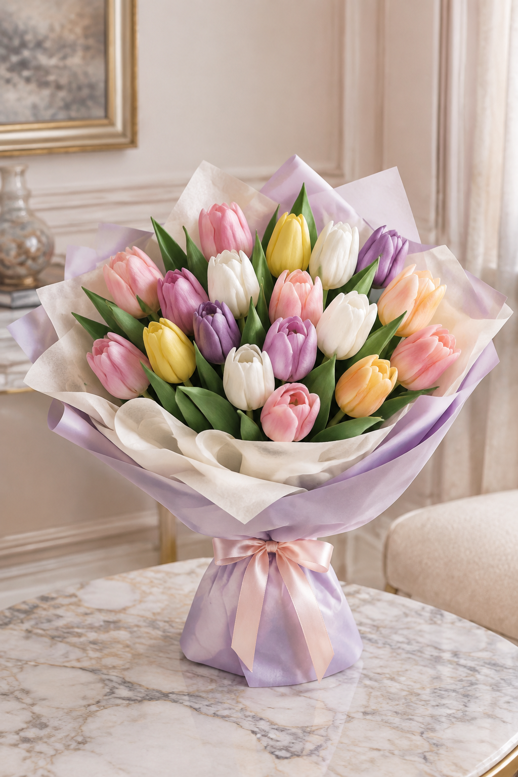 Multicolor tulip only hand tied bouquet