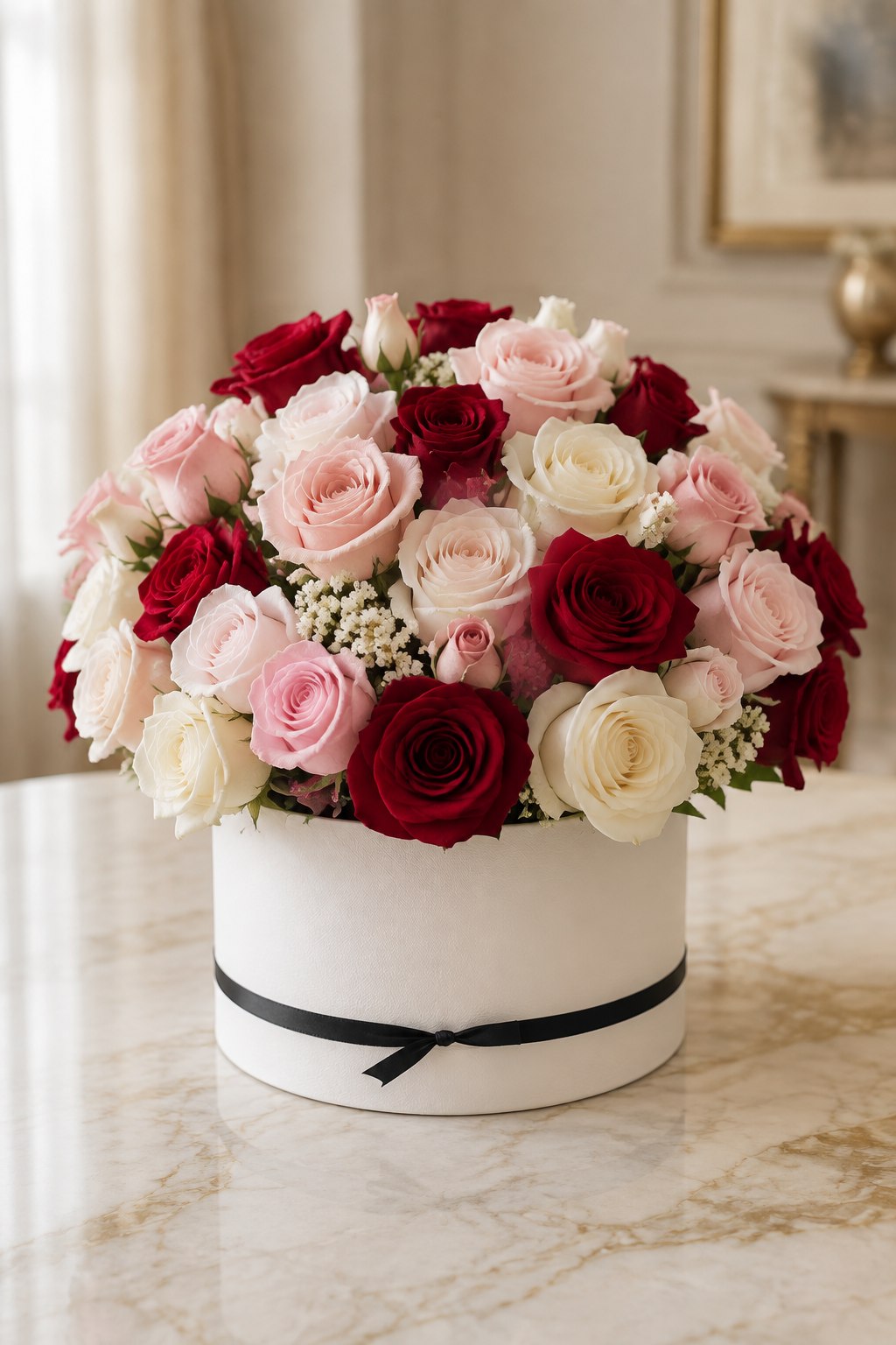 Red blush and ivory rose hatbox