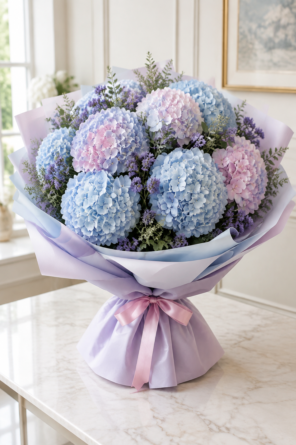 Blue hydrangea bouquet for him