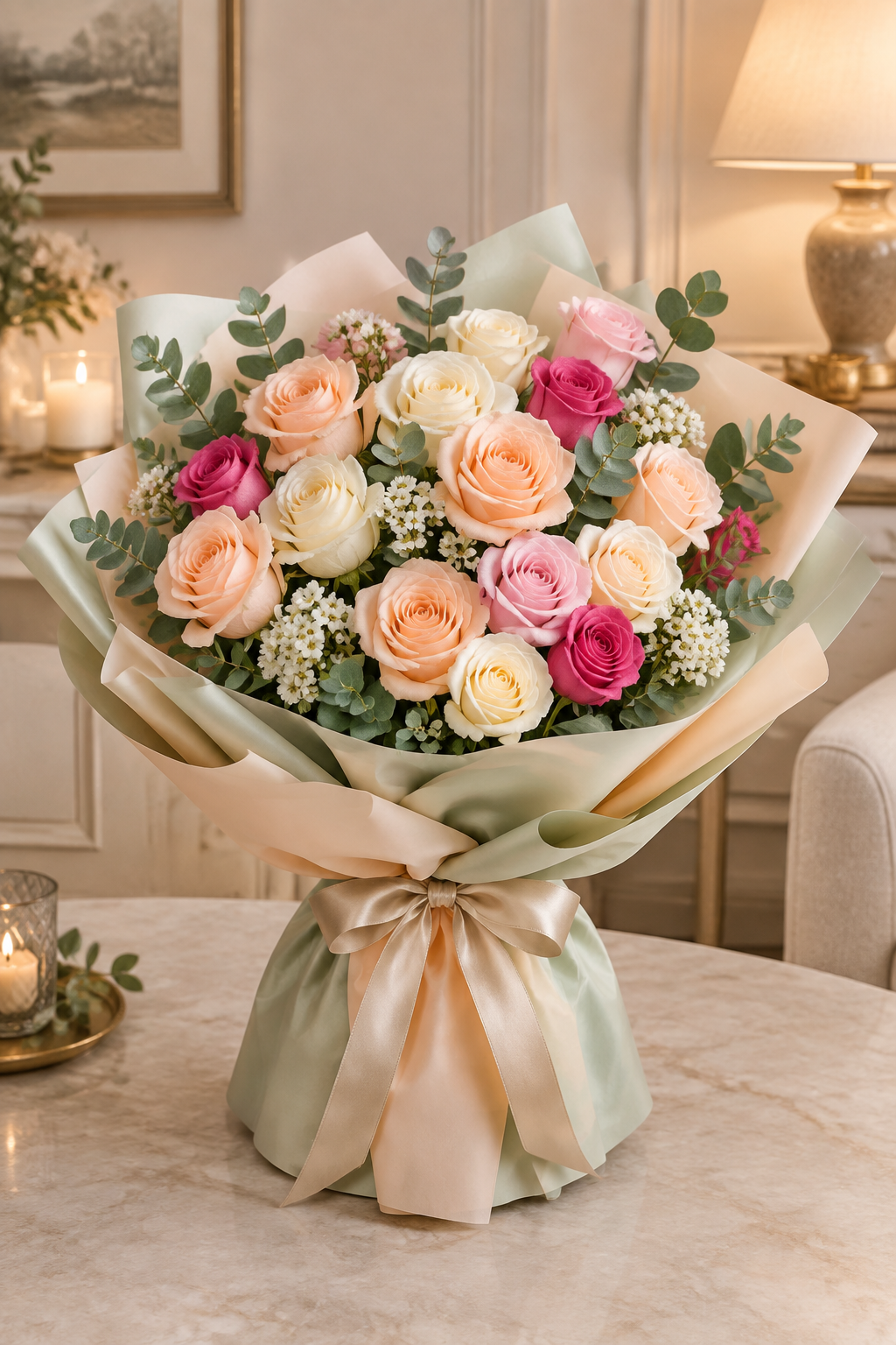 Peach and cream congratulations hand tied bouquet