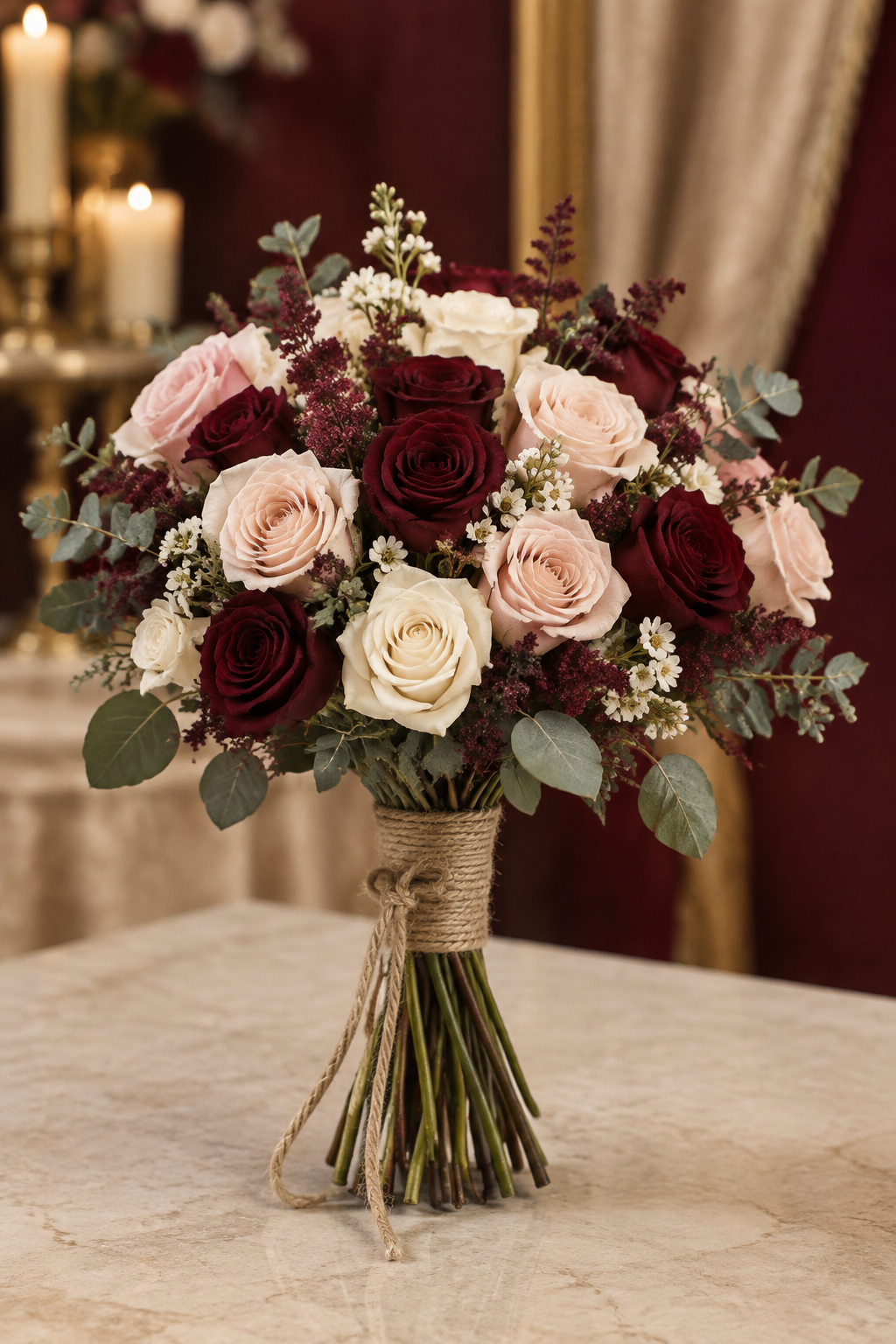 Burgundy Romance – Blush & Ivory Rose Bridal Bouquet