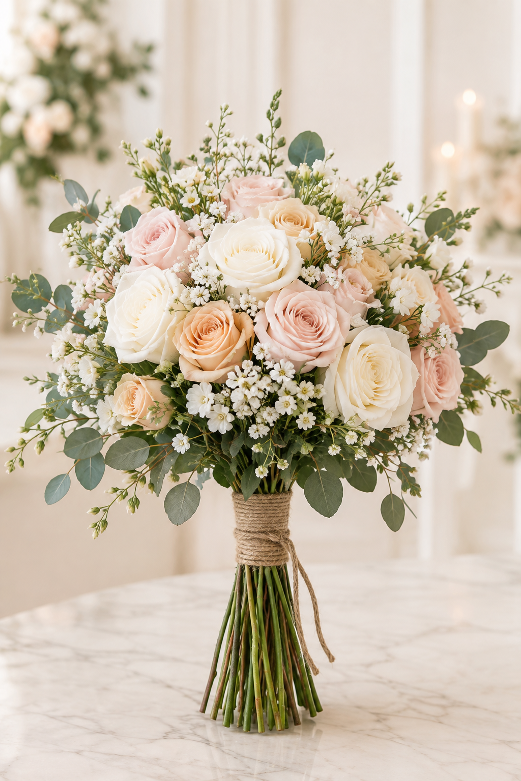 Garden Bride – Cream, Blush & Peach Rose Bouquet