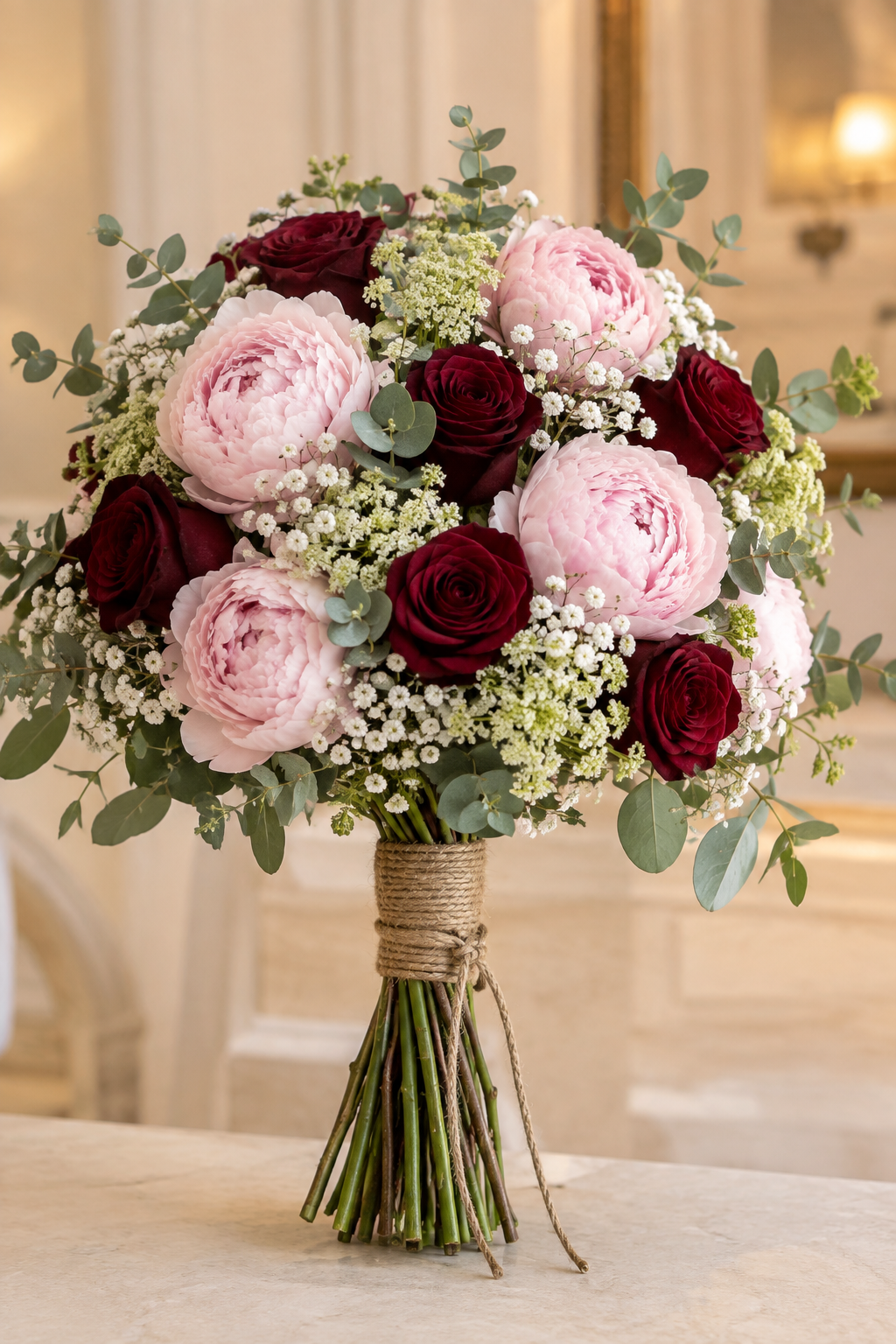 Royal Peony – Blush Peony & Burgundy Rose Bridal Bouquet