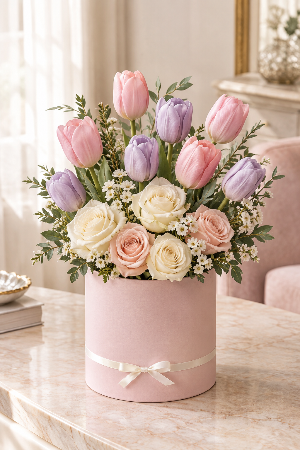 Pink and lavender tulips with roses in a pale pink flower box