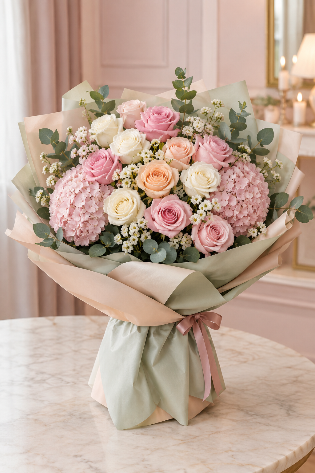 Pink rose and hydrangea anniversary bouquet