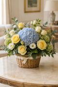 Blue hydrangea and yellow rose basket for him