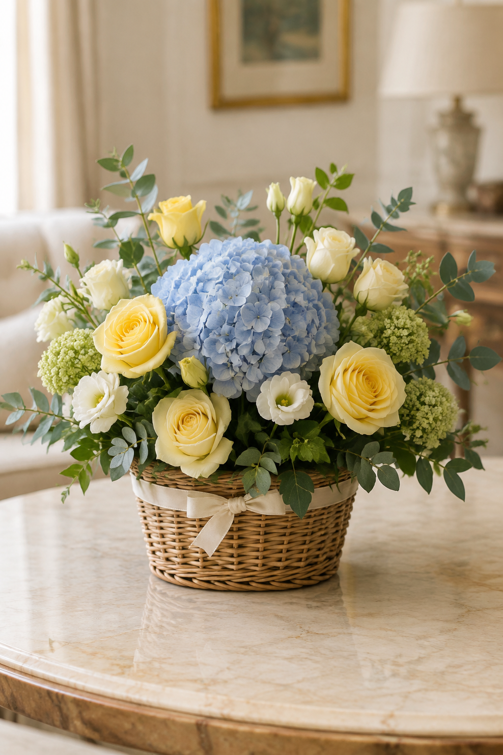 Blue hydrangea and yellow rose basket for him