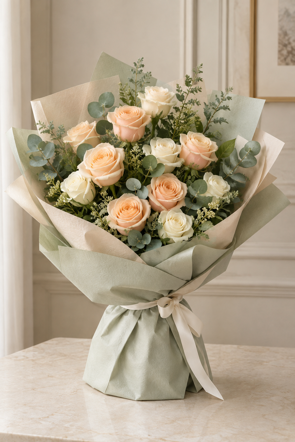 Champagne Blush – Peach & Cream Rose Bouquet