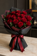 Noir Passion – Deep Red Rose Bouquet in Black Wrap
